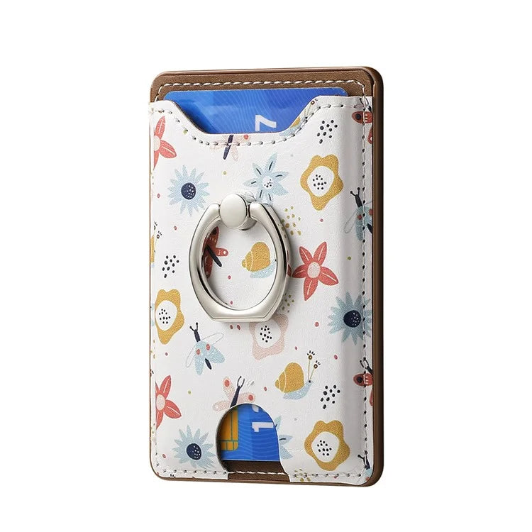 Ring Holder Kickstand Card Bag Flower Print PU Leather Adhesive Phone Card Slot