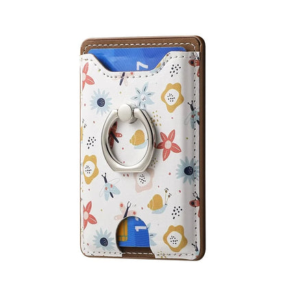 Ring Holder Kickstand Card Bag Flower Print PU Leather Adhesive Phone Card Slot