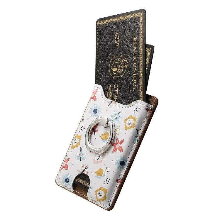 Ring Holder Kickstand Card Bag Flower Print PU Leather Adhesive Phone Card Slot