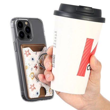 Ring Holder Kickstand Card Bag Flower Print PU Leather Adhesive Phone Card Slot