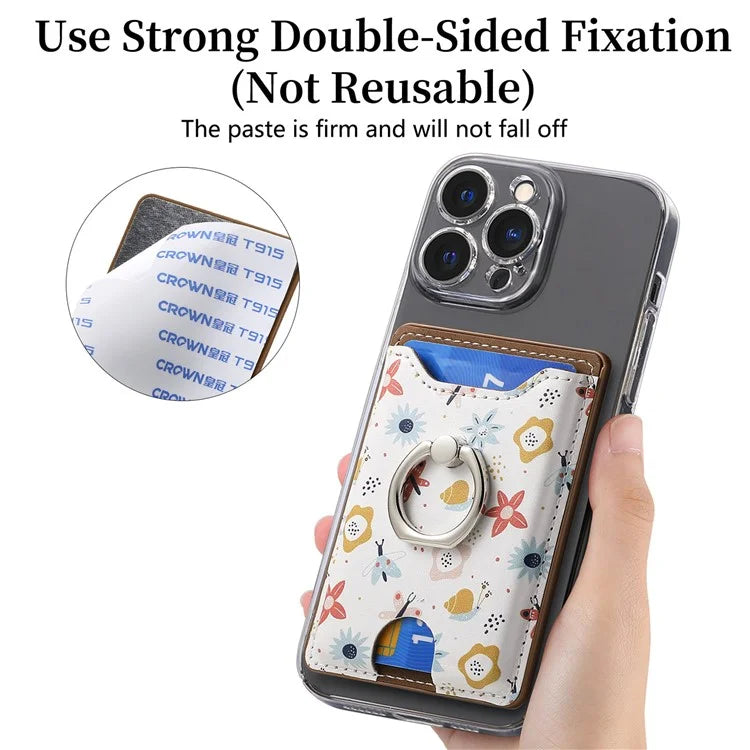 Ring Holder Kickstand Card Bag Flower Print PU Leather Adhesive Phone Card Slot