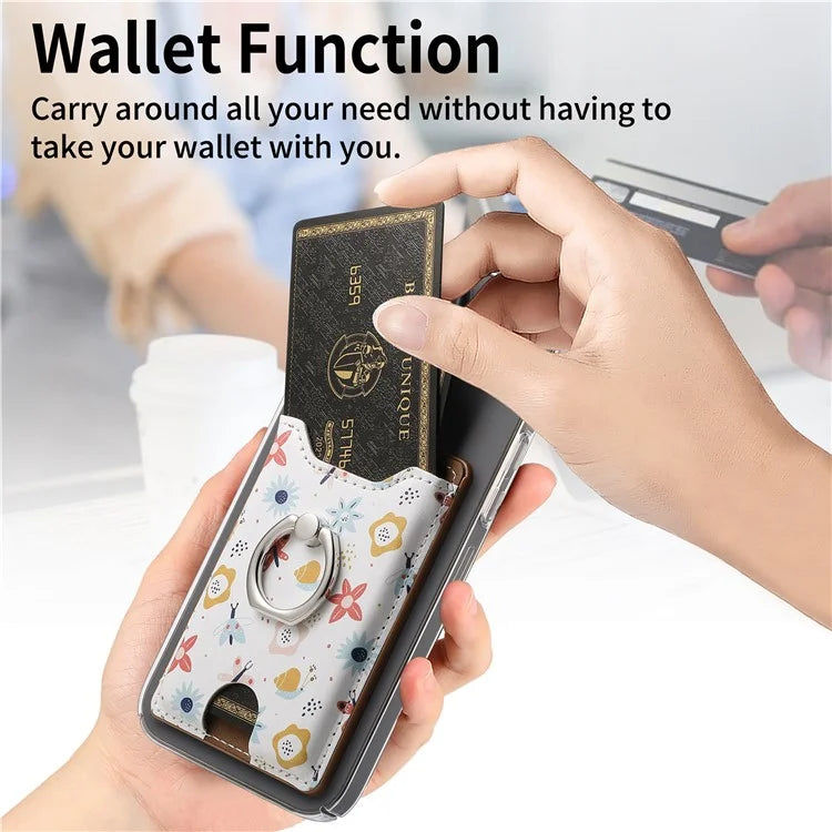 Ring Holder Kickstand Card Bag Flower Print PU Leather Adhesive Phone Card Slot