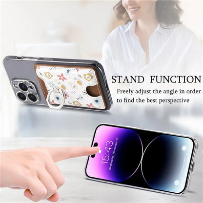 Ring Holder Kickstand Card Bag Flower Print PU Leather Adhesive Phone Card Slot