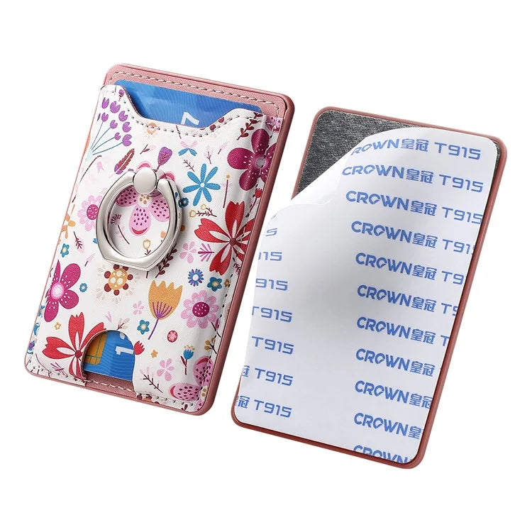 Ring Holder Kickstand Card Bag Flower Print PU Leather Adhesive Phone Card Slot