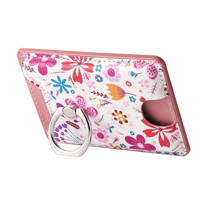 Ring Holder Kickstand Card Bag Flower Print PU Leather Adhesive Phone Card Slot
