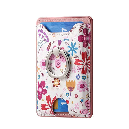 Ring Holder Kickstand Card Bag Flower Print PU Leather Adhesive Phone Card Slot