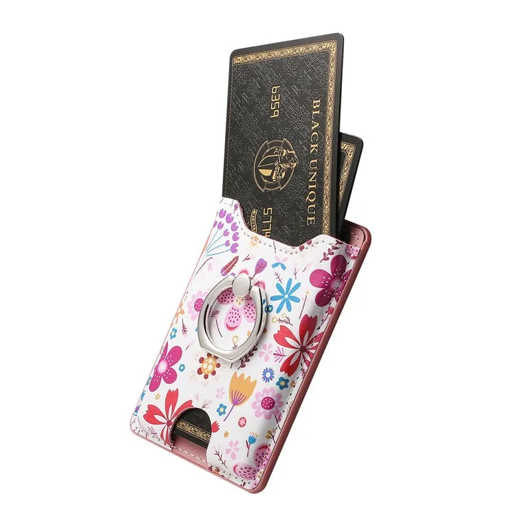 Ring Holder Kickstand Card Bag Flower Print PU Leather Adhesive Phone Card Slot