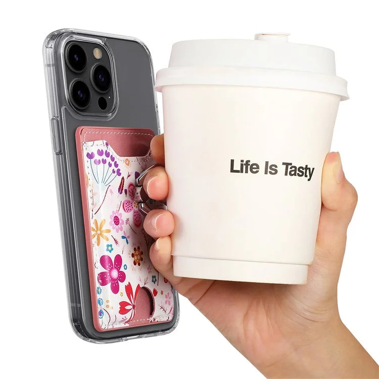 Ring Holder Kickstand Card Bag Flower Print PU Leather Adhesive Phone Card Slot