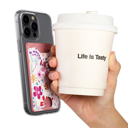 Ring Holder Kickstand Card Bag Flower Print PU Leather Adhesive Phone Card Slot
