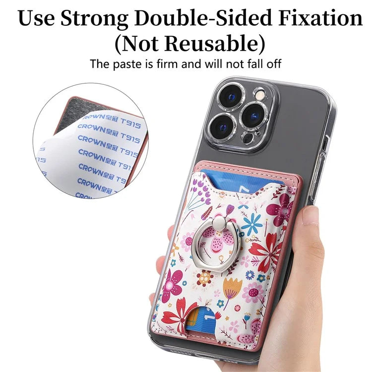 Ring Holder Kickstand Card Bag Flower Print PU Leather Adhesive Phone Card Slot