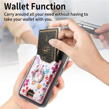 Ring Holder Kickstand Card Bag Flower Print PU Leather Adhesive Phone Card Slot