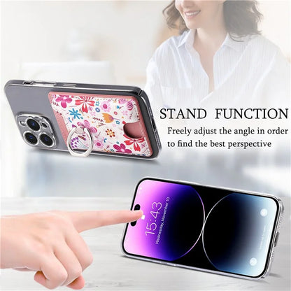Ring Holder Kickstand Card Bag Flower Print PU Leather Adhesive Phone Card Slot