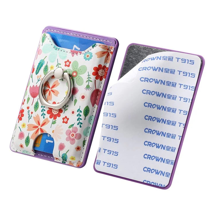 Ring Holder Kickstand Card Bag Flower Print PU Leather Adhesive Phone Card Slot