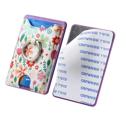 Ring Holder Kickstand Card Bag Flower Print PU Leather Adhesive Phone Card Slot