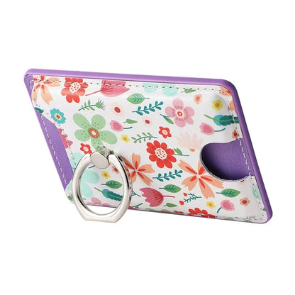 Ring Holder Kickstand Card Bag Flower Print PU Leather Adhesive Phone Card Slot