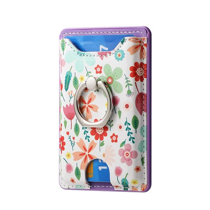 Ring Holder Kickstand Card Bag Flower Print PU Leather Adhesive Phone Card Slot