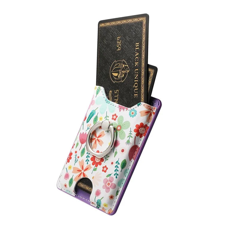 Ring Holder Kickstand Card Bag Flower Print PU Leather Adhesive Phone Card Slot