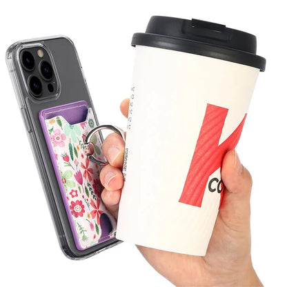 Ring Holder Kickstand Card Bag Flower Print PU Leather Adhesive Phone Card Slot
