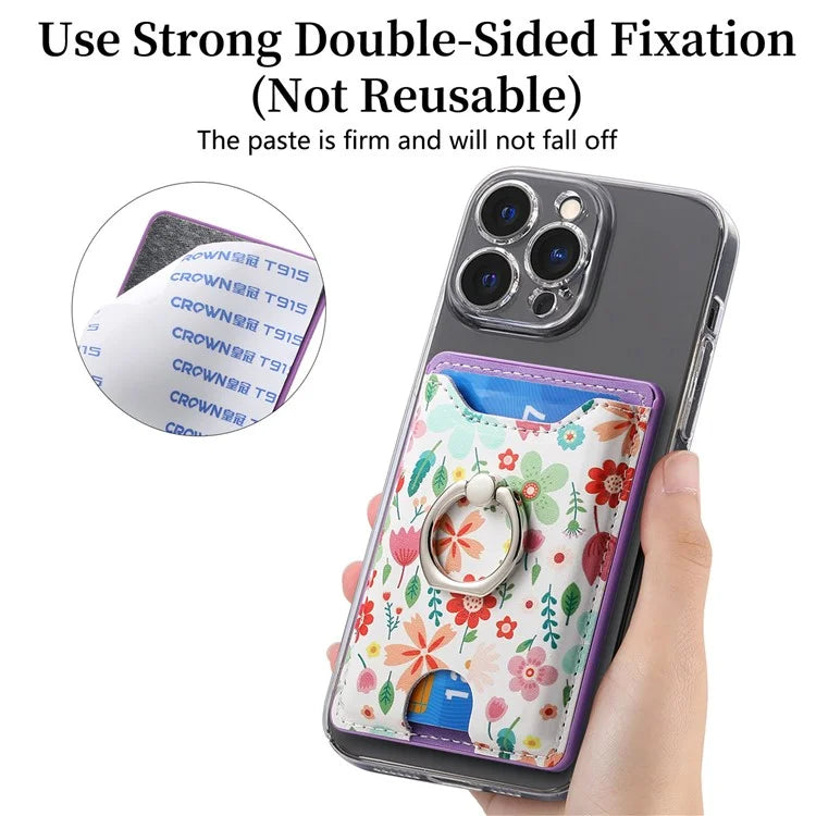 Ring Holder Kickstand Card Bag Flower Print PU Leather Adhesive Phone Card Slot