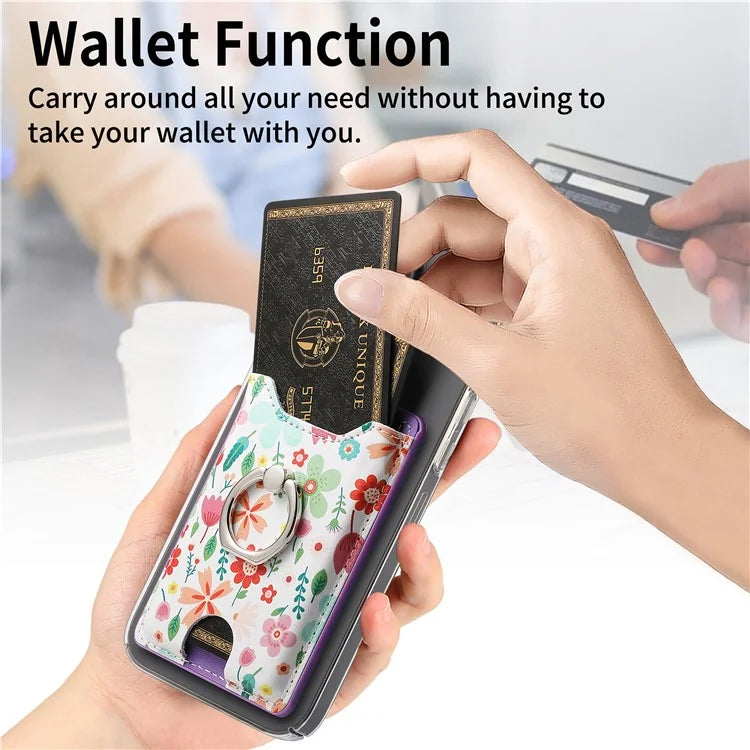 Ring Holder Kickstand Card Bag Flower Print PU Leather Adhesive Phone Card Slot