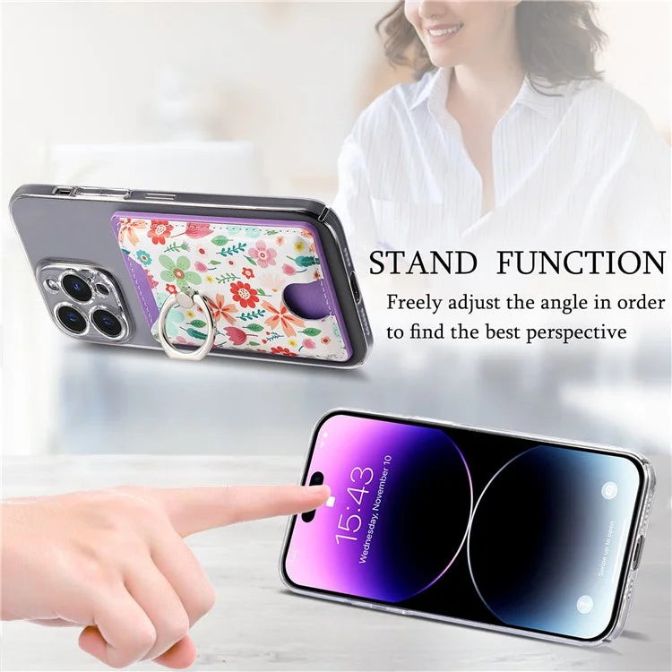 Ring Holder Kickstand Card Bag Flower Print PU Leather Adhesive Phone Card Slot