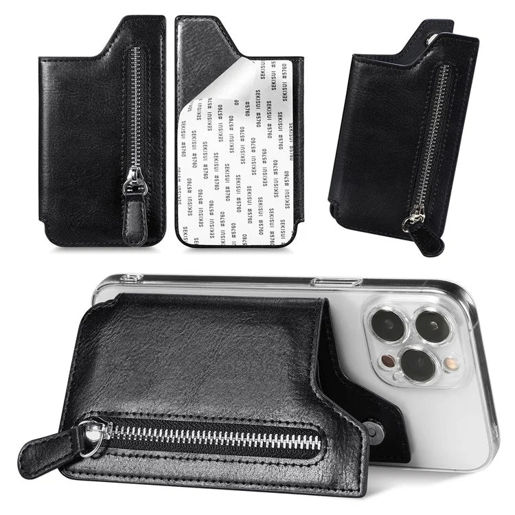 Retro Texture PU Leather Zipper Card Holder Bag Adhesive Kickstand Zipper Wallet