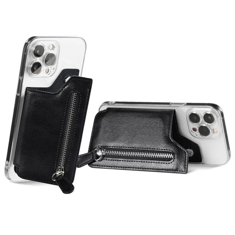 Retro Texture PU Leather Zipper Card Holder Bag Adhesive Kickstand Zipper Wallet