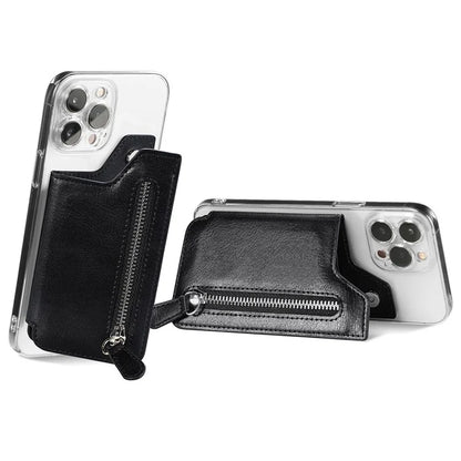 Retro Texture PU Leather Zipper Card Holder Bag Adhesive Kickstand Zipper Wallet