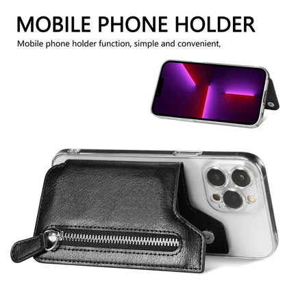 Retro Texture PU Leather Zipper Card Holder Bag Adhesive Kickstand Zipper Wallet