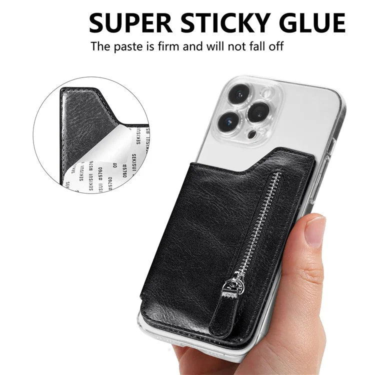 Retro Texture PU Leather Zipper Card Holder Bag Adhesive Kickstand Zipper Wallet
