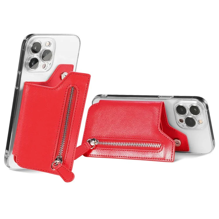 Retro Texture PU Leather Zipper Card Holder Bag Adhesive Kickstand Zipper Wallet