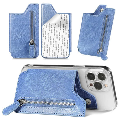 Retro Texture PU Leather Zipper Card Holder Bag Adhesive Kickstand Zipper Wallet