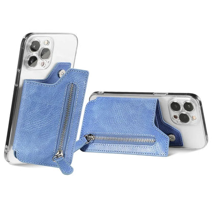 Retro Texture PU Leather Zipper Card Holder Bag Adhesive Kickstand Zipper Wallet
