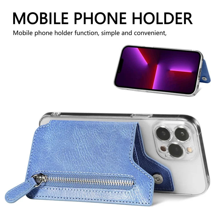 Retro Texture PU Leather Zipper Card Holder Bag Adhesive Kickstand Zipper Wallet