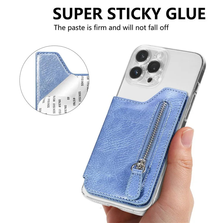 Retro Texture PU Leather Zipper Card Holder Bag Adhesive Kickstand Zipper Wallet