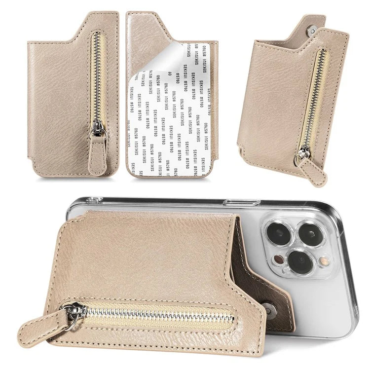 Retro Texture PU Leather Zipper Card Holder Bag Adhesive Kickstand Zipper Wallet