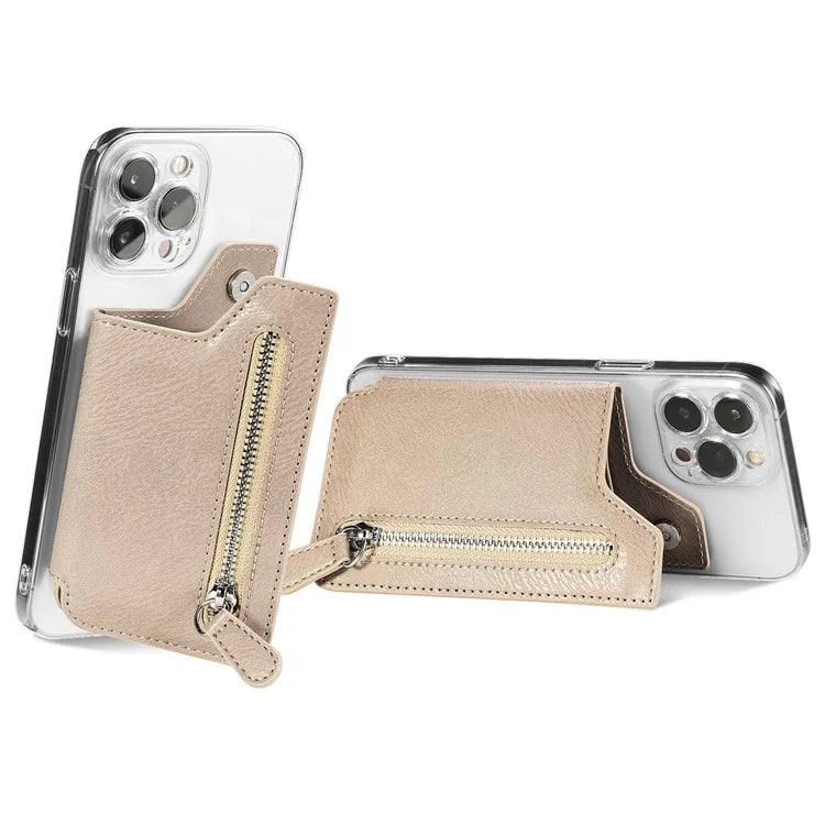 Retro Texture PU Leather Zipper Card Holder Bag Adhesive Kickstand Zipper Wallet