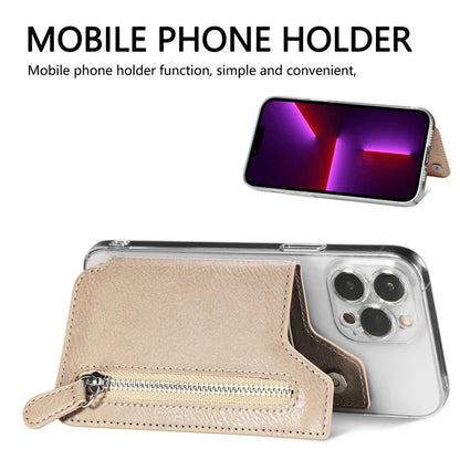 Retro Texture PU Leather Zipper Card Holder Bag Adhesive Kickstand Zipper Wallet