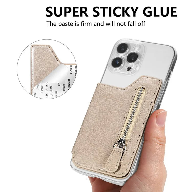 Retro Texture PU Leather Zipper Card Holder Bag Adhesive Kickstand Zipper Wallet