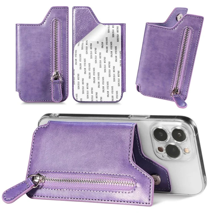 Retro Texture PU Leather Zipper Card Holder Bag Adhesive Kickstand Zipper Wallet