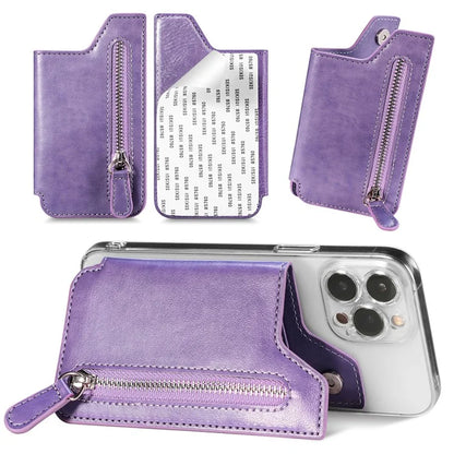 Retro Texture PU Leather Zipper Card Holder Bag Adhesive Kickstand Zipper Wallet
