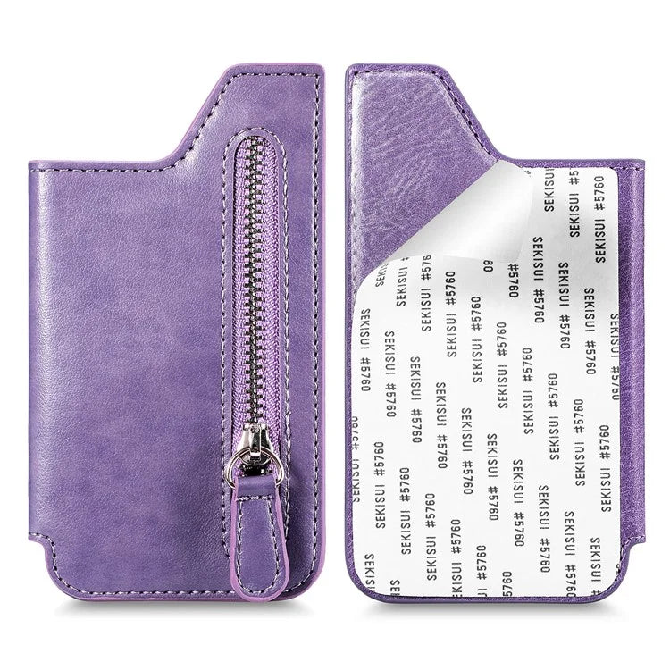 Retro Texture PU Leather Zipper Card Holder Bag Adhesive Kickstand Zipper Wallet