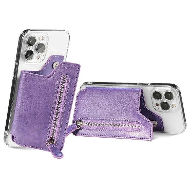 Retro Texture PU Leather Zipper Card Holder Bag Adhesive Kickstand Zipper Wallet