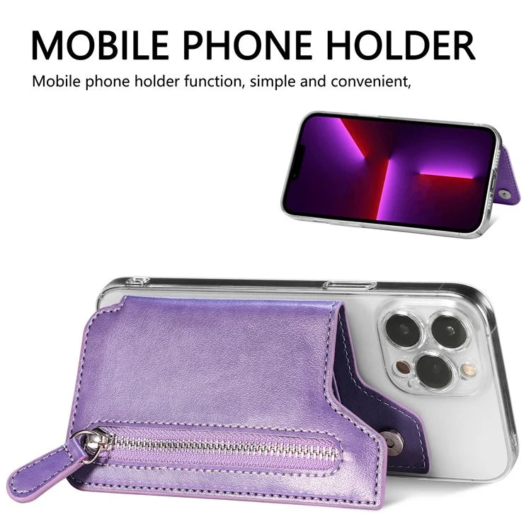 Retro Texture PU Leather Zipper Card Holder Bag Adhesive Kickstand Zipper Wallet