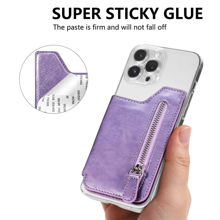 Retro Texture PU Leather Zipper Card Holder Bag Adhesive Kickstand Zipper Wallet