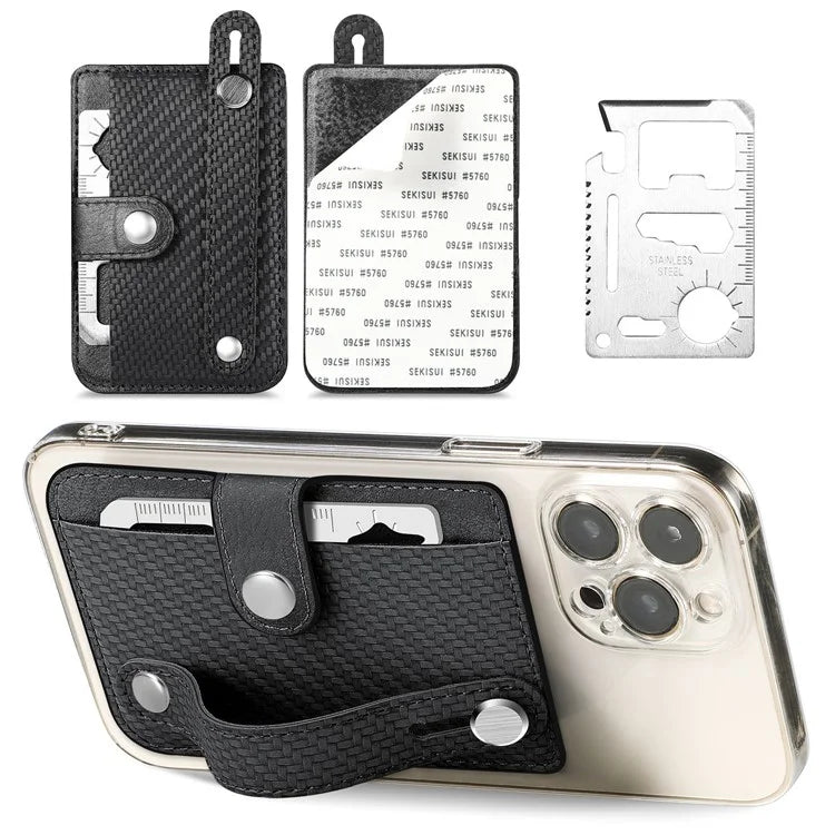 Carbon Fiber Phone Card Holder Wristband Kickstand Leather Card Bag with Card Knife