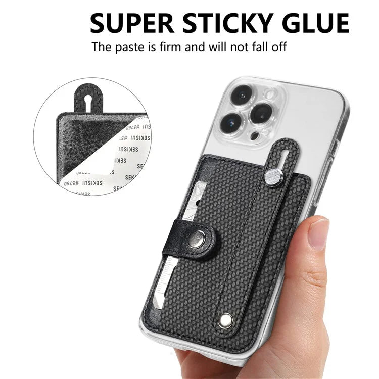 Carbon Fiber Phone Card Holder Wristband Kickstand Leather Card Bag with Card Knife