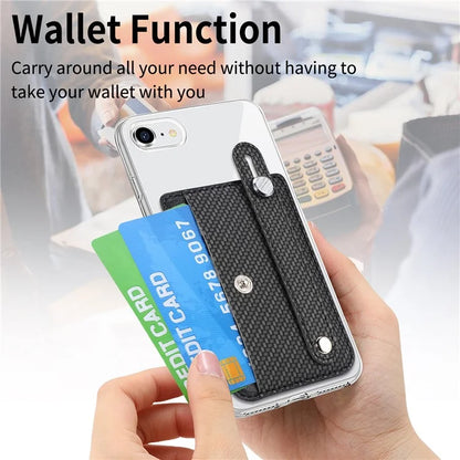 Carbon Fiber Phone Card Holder Wristband Kickstand Leather Card Bag with Card Knife