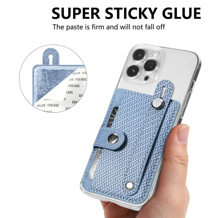 Carbon Fiber Phone Card Holder Wristband Kickstand Leather Card Bag with Card Knife