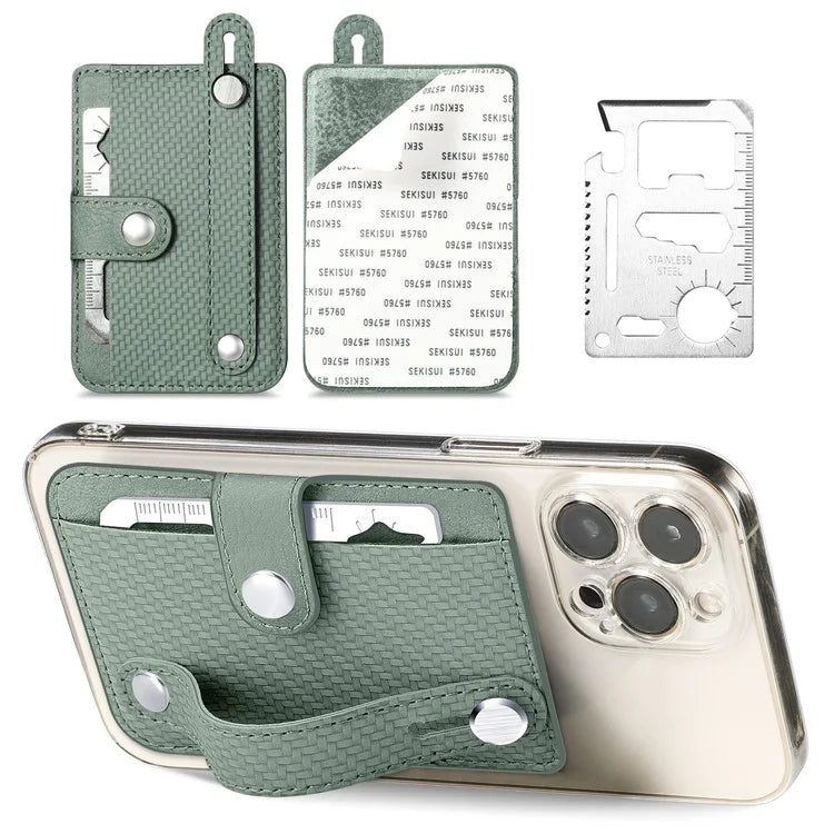Carbon Fiber Phone Card Holder Wristband Kickstand Leather Card Bag with Card Knife